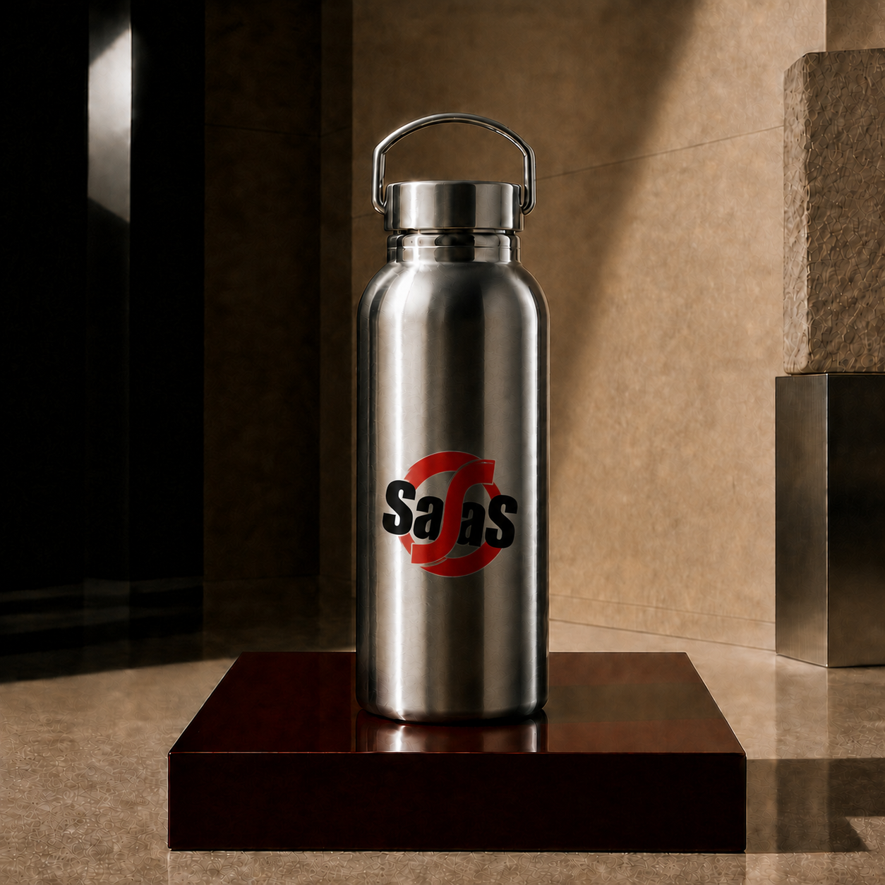Brushed stainless steel thermos with a direct-printed No SaaS mark